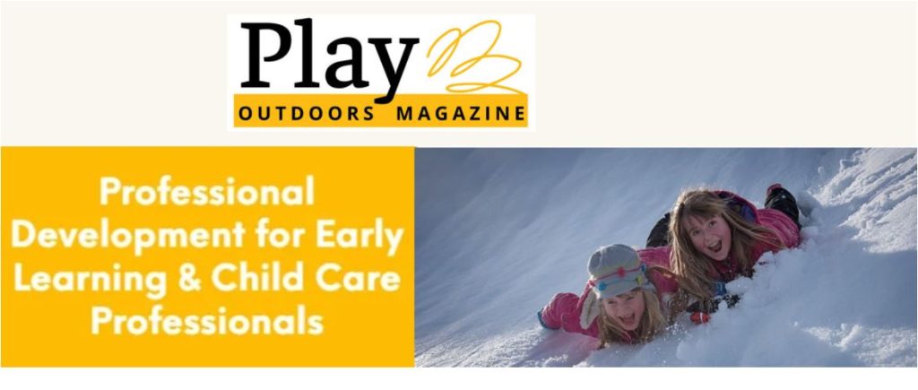 Play Outdoors logo and a photo of a child going down a snow hill